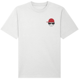 White relaxed fit mens t-shirt with a small  embroidered graphic of a face wearing a red cap and sunglasses 
