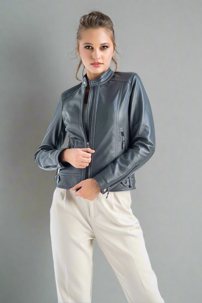 Gray Genuine Cropped Leather Jacket-2