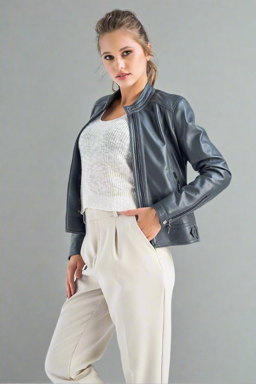 Gray Genuine Cropped Leather Jacket-3