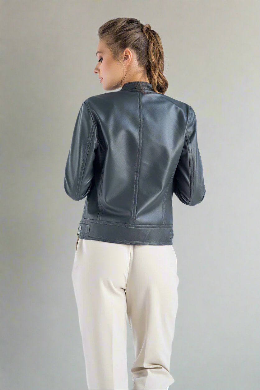 Gray Genuine Cropped Leather Jacket-1