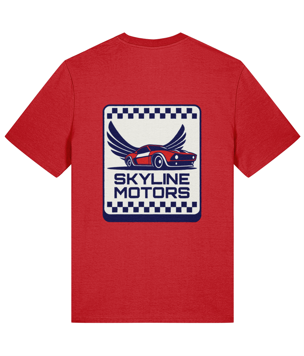 Organic cotton mens red crew neck t-shirt with bold 'Skyline Motors' print on the back 