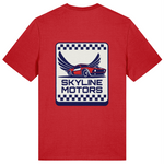 Organic cotton mens red crew neck t-shirt with bold 'Skyline Motors' print on the back 