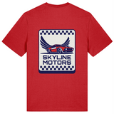 Organic cotton mens red crew neck t-shirt with bold 'Skyline Motors' print on the back 
