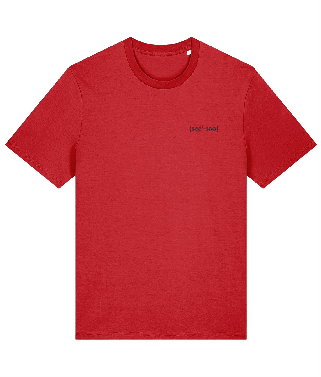 Organic cotton mens red crew neck t-shirt with a small embroidered logo on the left chest