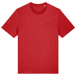 Organic cotton mens red crew neck t-shirt with a small embroidered logo on the left chest