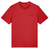 Organic cotton mens red crew neck t-shirt with a small embroidered logo on the left chest
