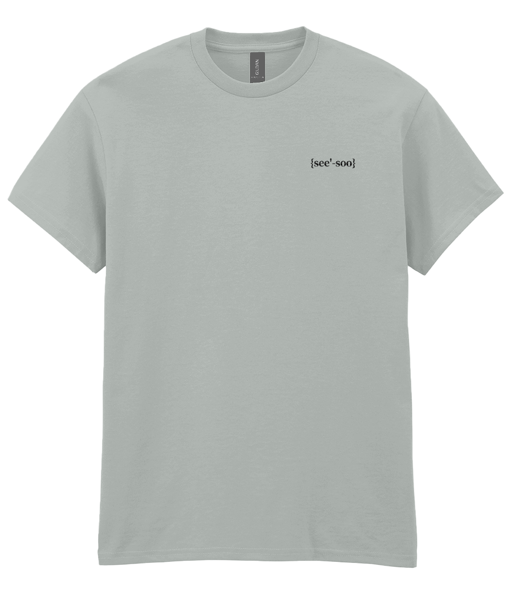 Mens grey cotton crew neck t-shirt with black printed logo on the left chest