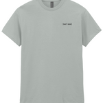Mens grey cotton crew neck t-shirt with black printed logo on the left chest