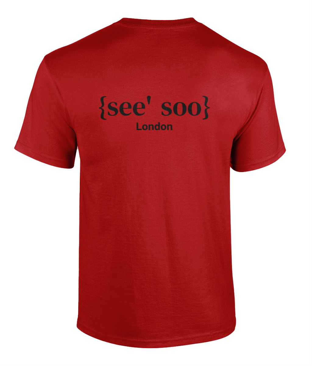 Mens red cotton crew neck t-shirt with black printed logo on the back