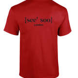 Mens red cotton crew neck t-shirt with black printed logo on the back