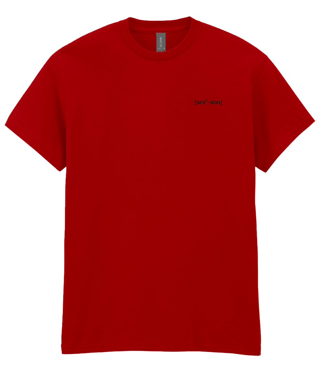  Mens red crew neck t-shirt with a small signature logo on the left chest