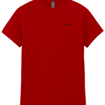  Mens red crew neck t-shirt with a small signature logo on the left chest