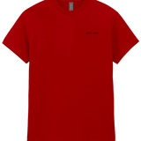  Mens red crew neck t-shirt with a small signature logo on the left chest