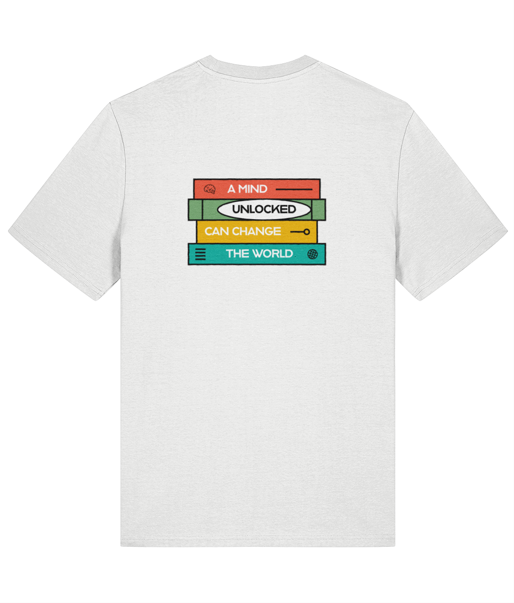 White organic cotton mens t-shirt with colorful graphic design of book stack on the back