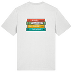 White organic cotton mens t-shirt with colorful graphic design of book stack on the back