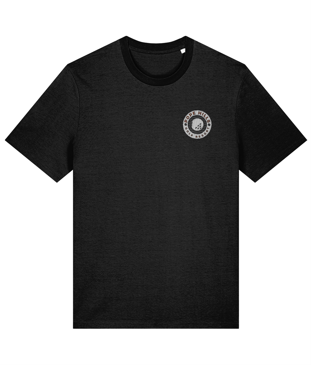 Black mens  organic cotton t-shirt with an embroidered golf logo on the chest 