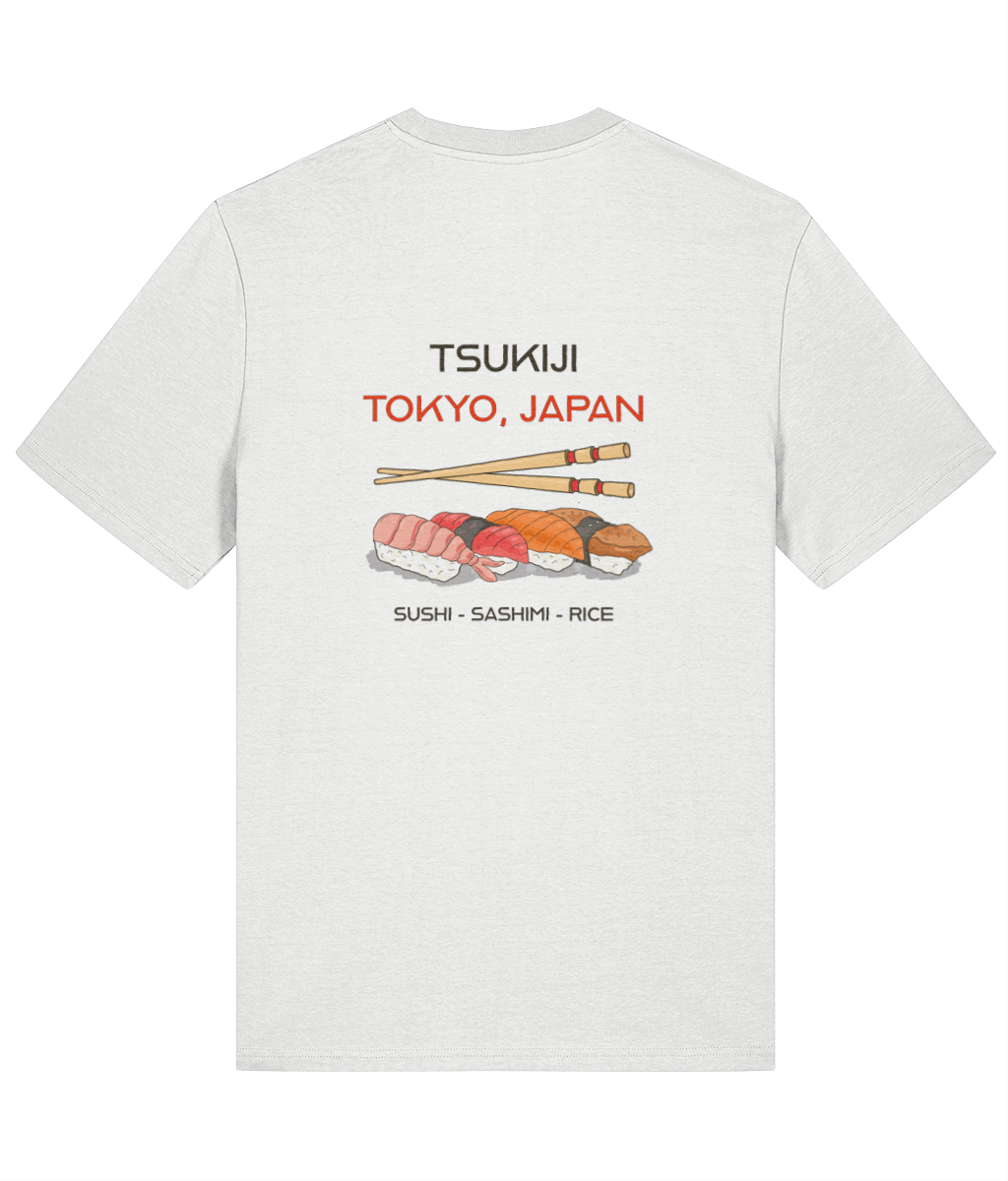 Womens white organic cotton crew neck t-shirt with sushi graphic and text 