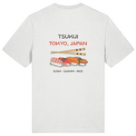 Womens white organic cotton crew neck t-shirt with sushi graphic and text 