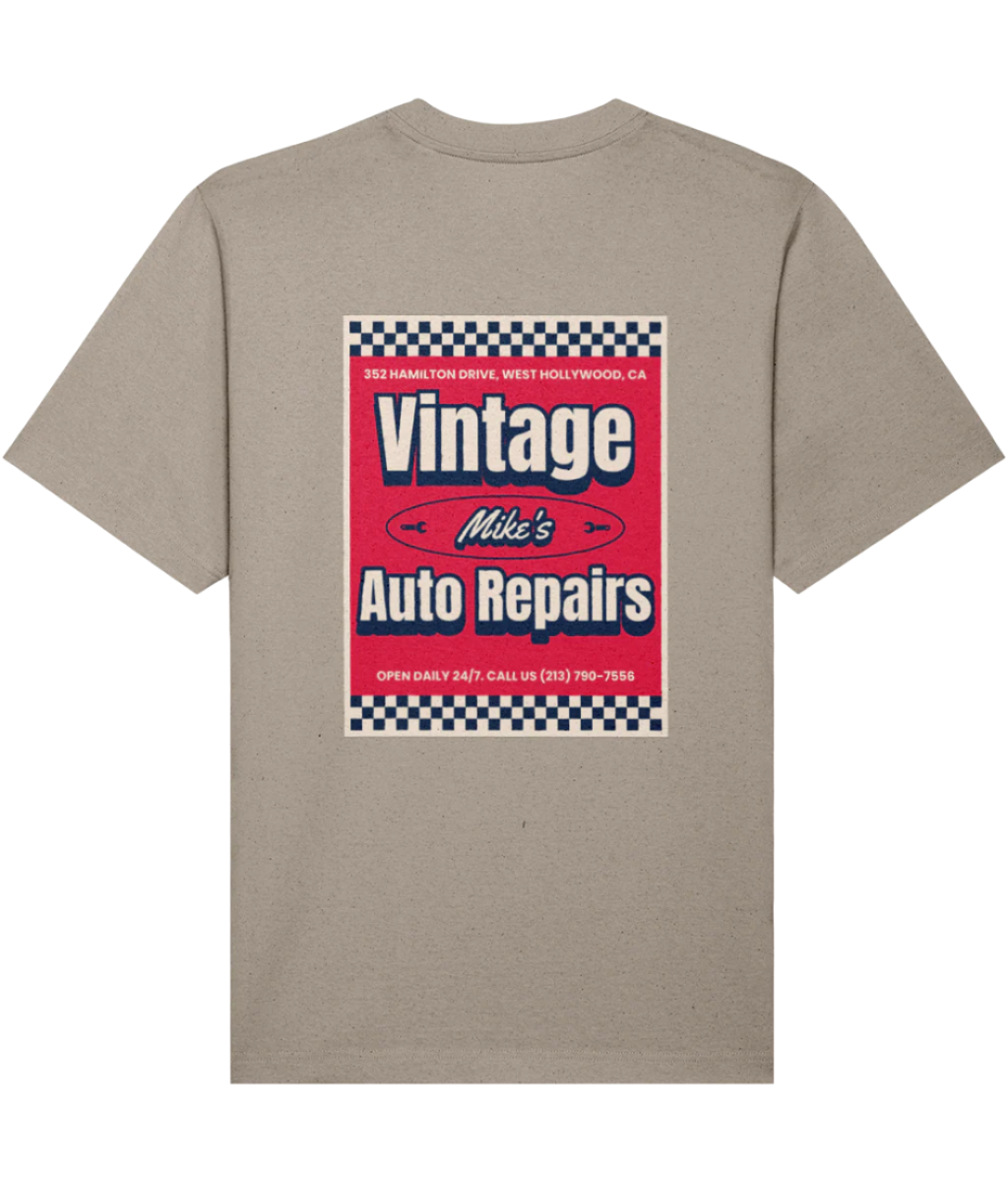 Grey mens oversized organic cotton crew neck t-shirt with a graphic of 'Vintage Mike's Auto Repairs' print on the back 