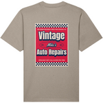 Grey mens oversized organic cotton crew neck t-shirt with a graphic of 'Vintage Mike's Auto Repairs' print on the back 