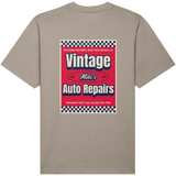 Grey mens oversized organic cotton crew neck t-shirt with a graphic of 'Vintage Mike's Auto Repairs' print on the back 