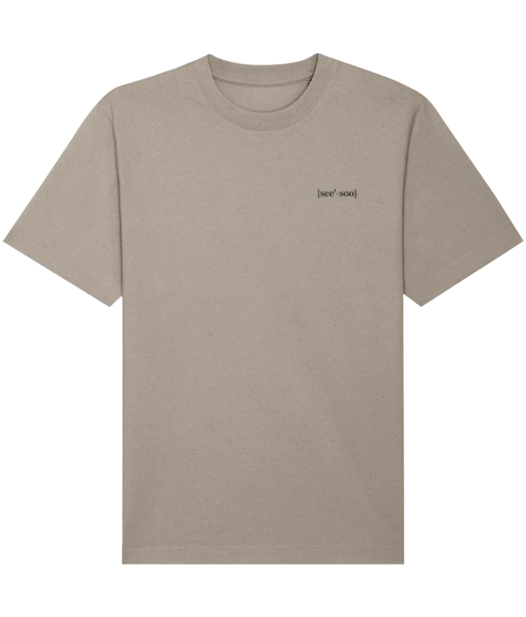 Grey Dust organic cotton mens oversized t-shirt with a small embroidered logo in black on the left chest, front of t-shirt