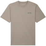 Grey Dust organic cotton mens oversized t-shirt with a small embroidered logo in black on the left chest, front of t-shirt