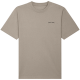 Grey Dust organic cotton mens oversized t-shirt with a small embroidered logo in black on the left chest, front of t-shirt