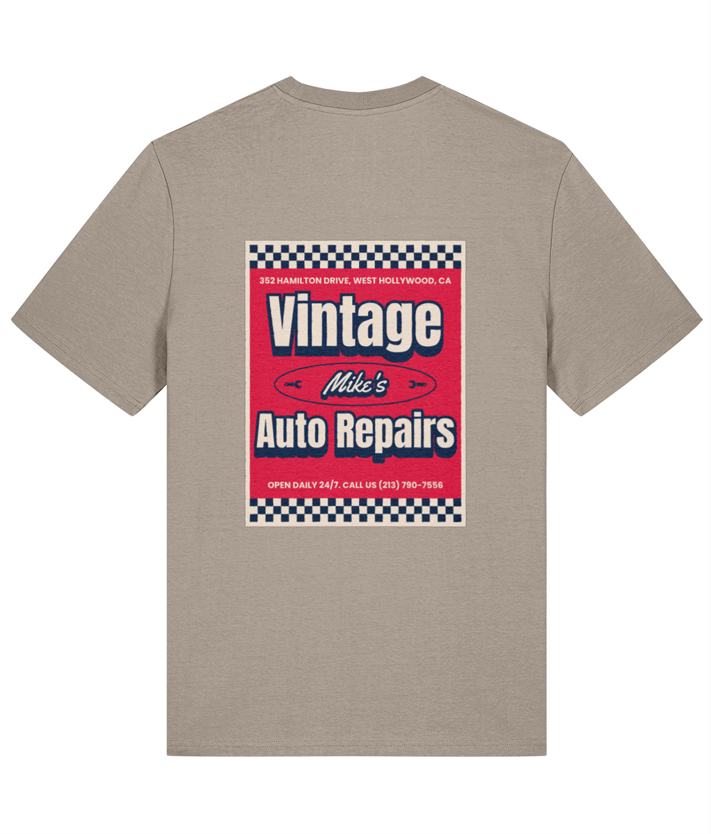 Beige mens crew neck organic cotton t-shirt with a graphic of 'Vintage Mike's Auto Repairs' on the back