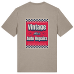 Beige mens crew neck organic cotton t-shirt with a graphic of 'Vintage Mike's Auto Repairs' on the back