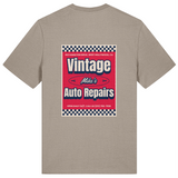 Beige mens crew neck organic cotton t-shirt with a graphic of 'Vintage Mike's Auto Repairs' on the back