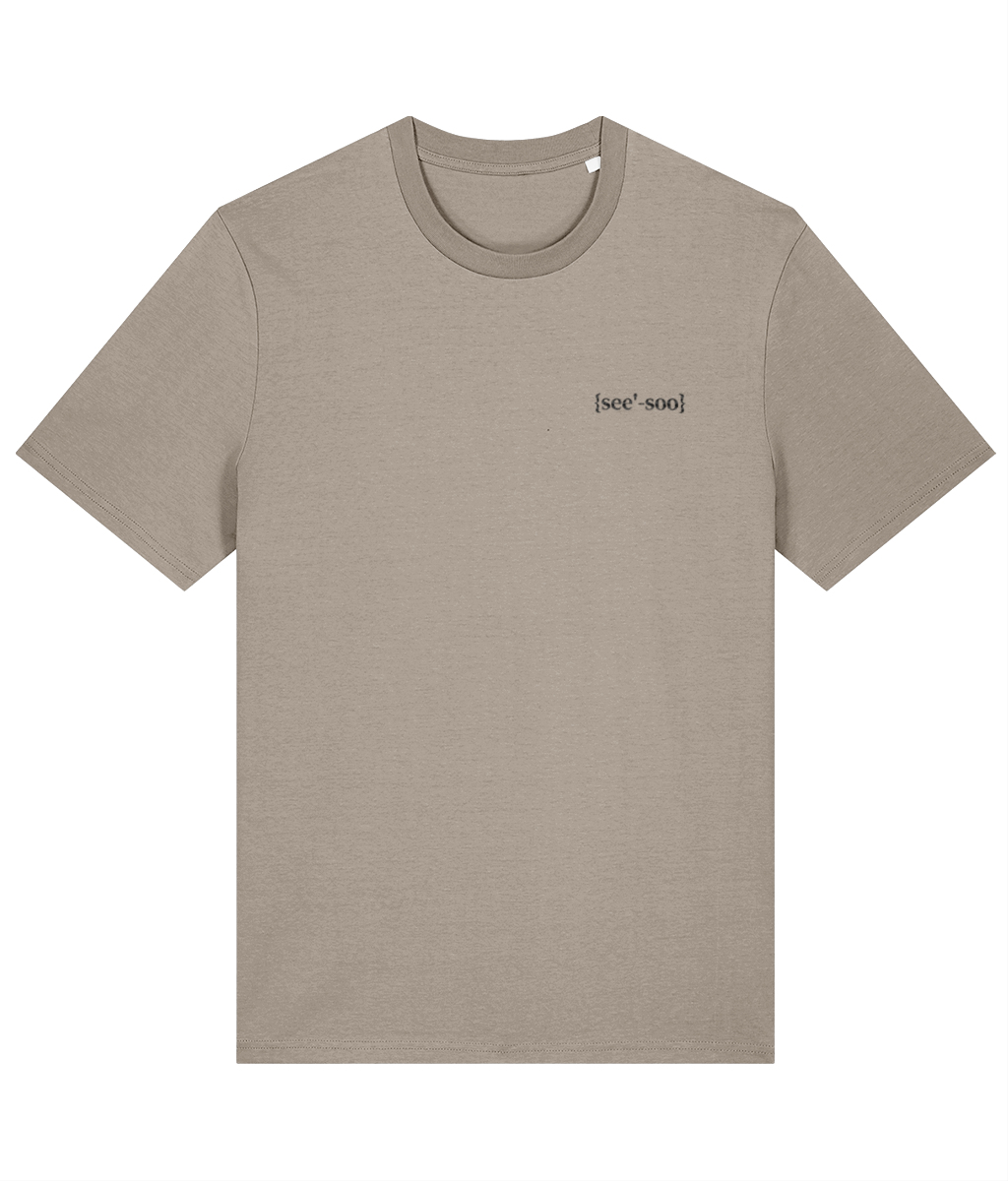 Beige mens crew neck organic cotton t-shirt with embroidered signature See'-Soo logo on left chest
