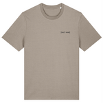 Beige mens crew neck organic cotton t-shirt with embroidered signature See'-Soo logo on left chest
