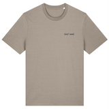Beige mens crew neck organic cotton t-shirt with embroidered signature See'-Soo logo on left chest