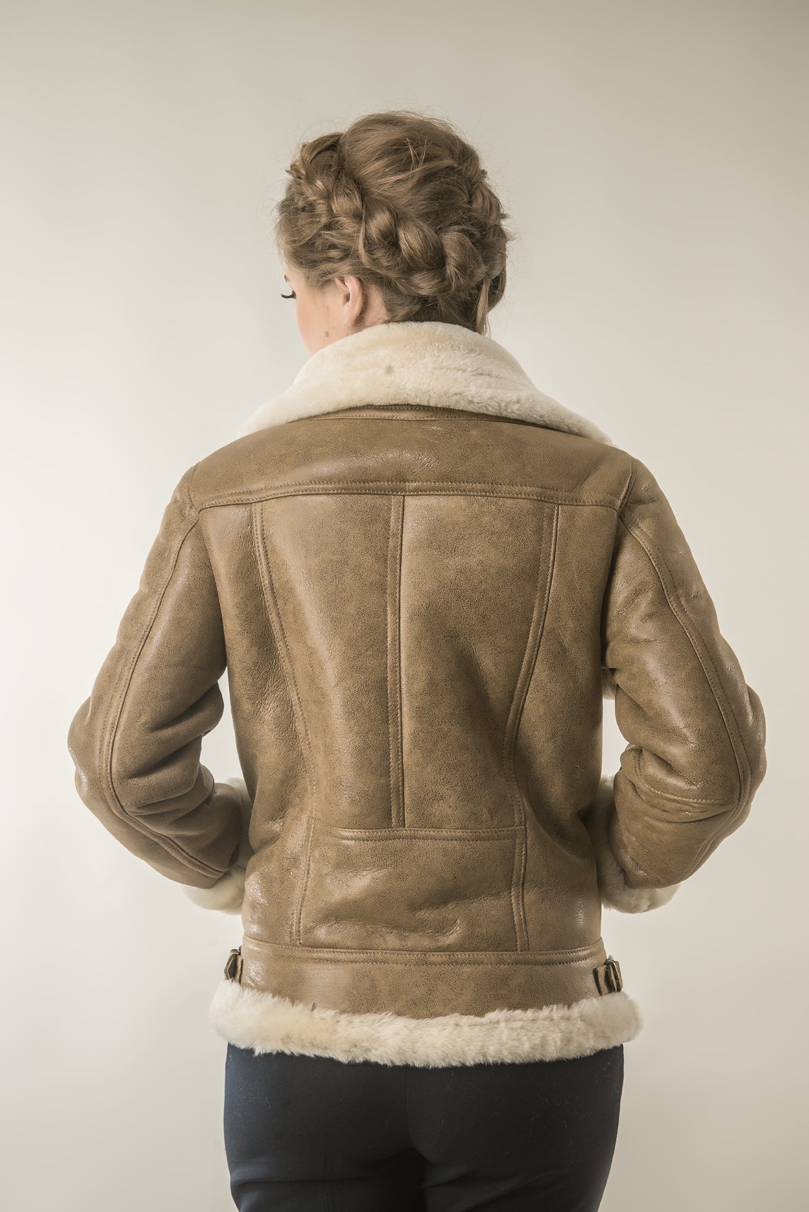 Light Brown Shearling Leather Biker Jacket with Merino Fur-2