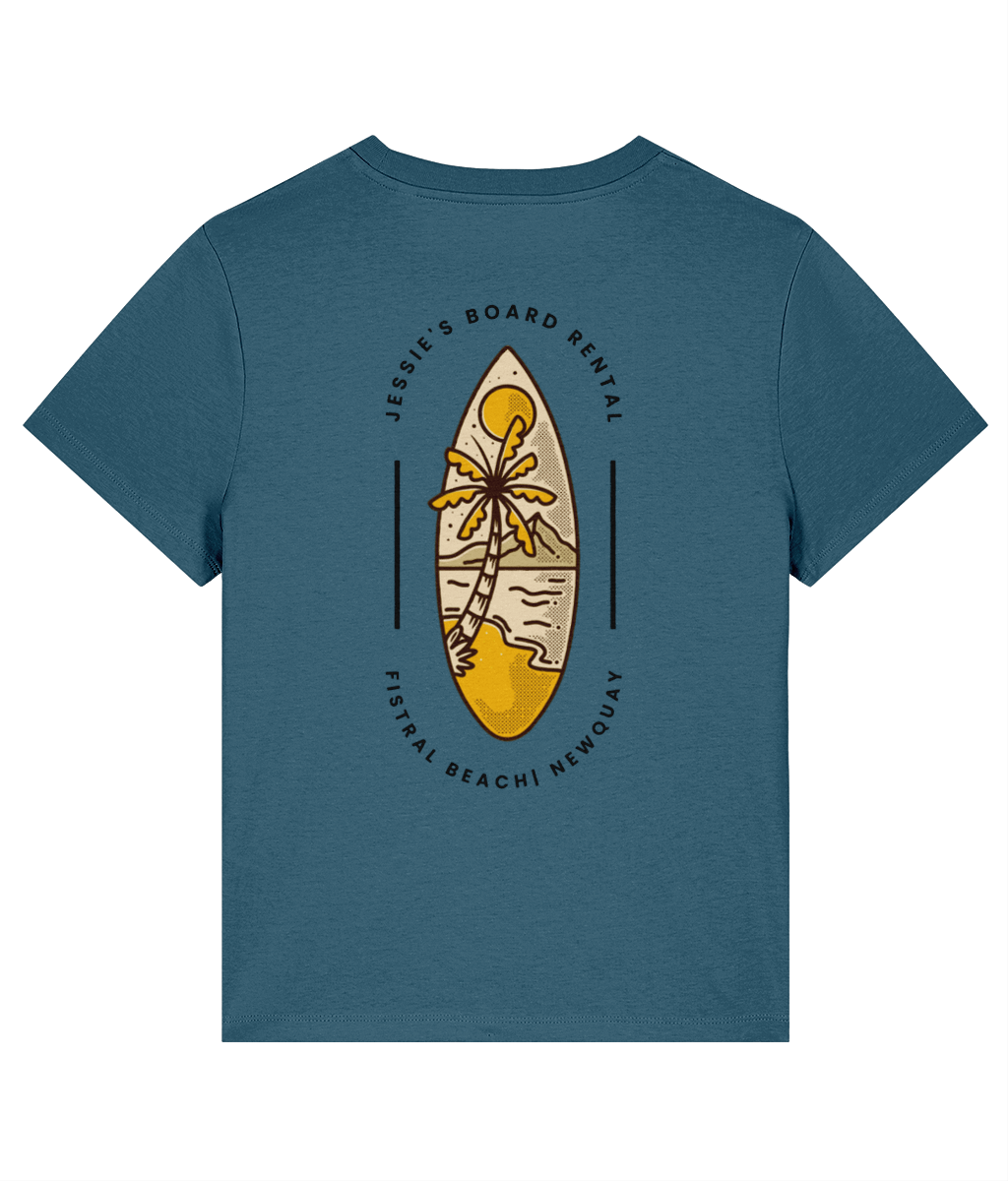 Blue Womens organic cotton crew neck t-shirt with a bold surfboard graphic on the back