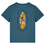 Blue Womens organic cotton crew neck t-shirt with a bold surfboard graphic on the back