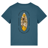 Blue Womens organic cotton crew neck t-shirt with a bold surfboard graphic on the back