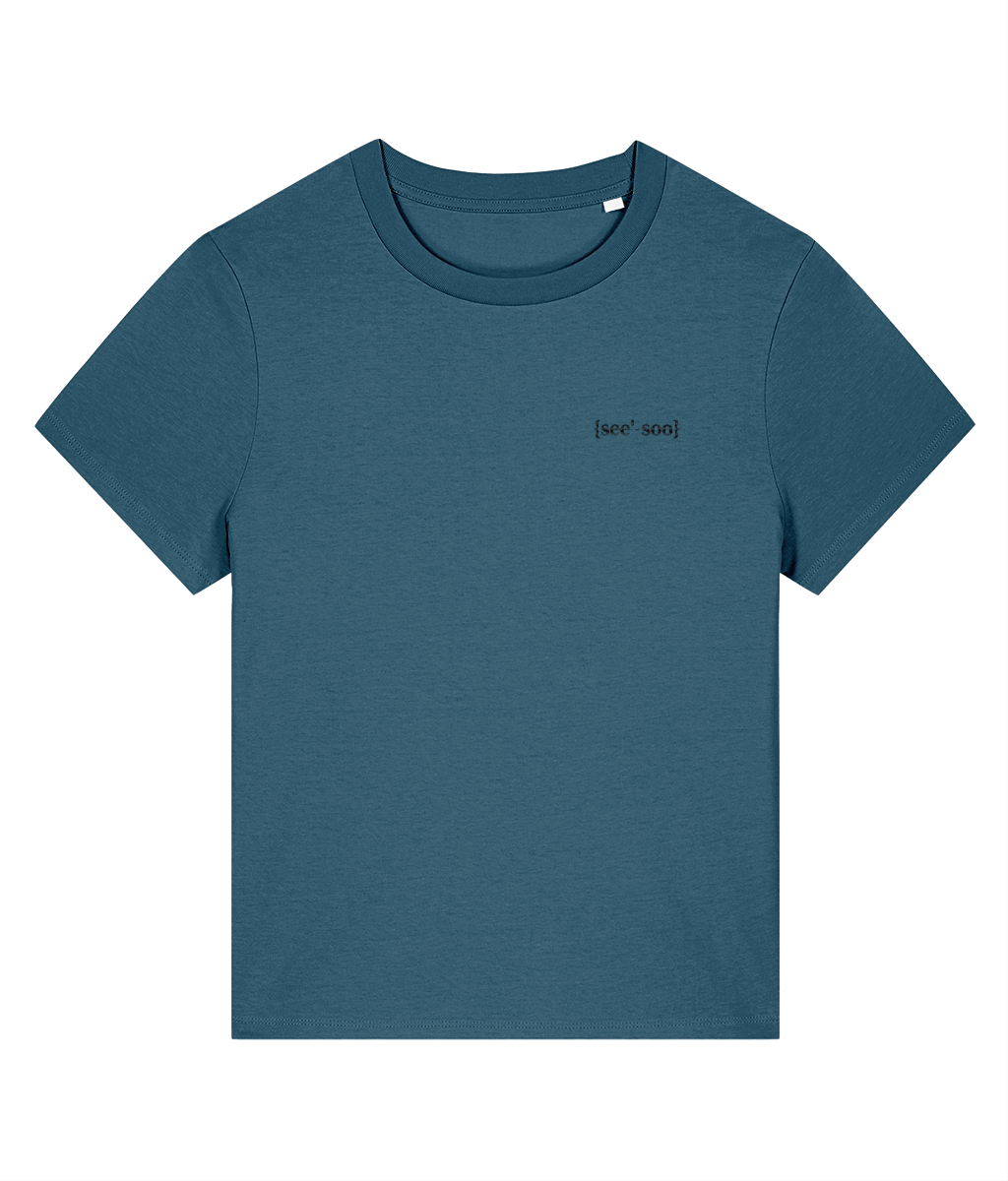 Blue womens organic cotton t-shirt with a small embroidered signature logo on the front in black