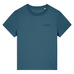 Blue womens organic cotton t-shirt with a small embroidered signature logo on the front in black