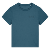 Blue womens organic cotton t-shirt with a small embroidered signature logo on the front in black