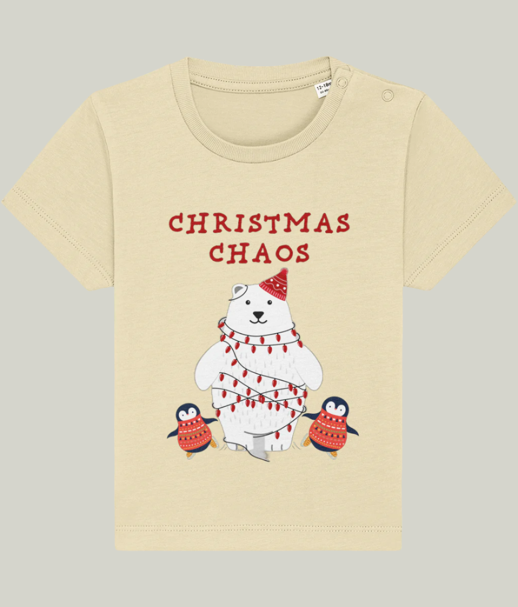 Yellow Baby and Toddler organic cotton T-shirt with fun Christmas print, penguins and polar bears