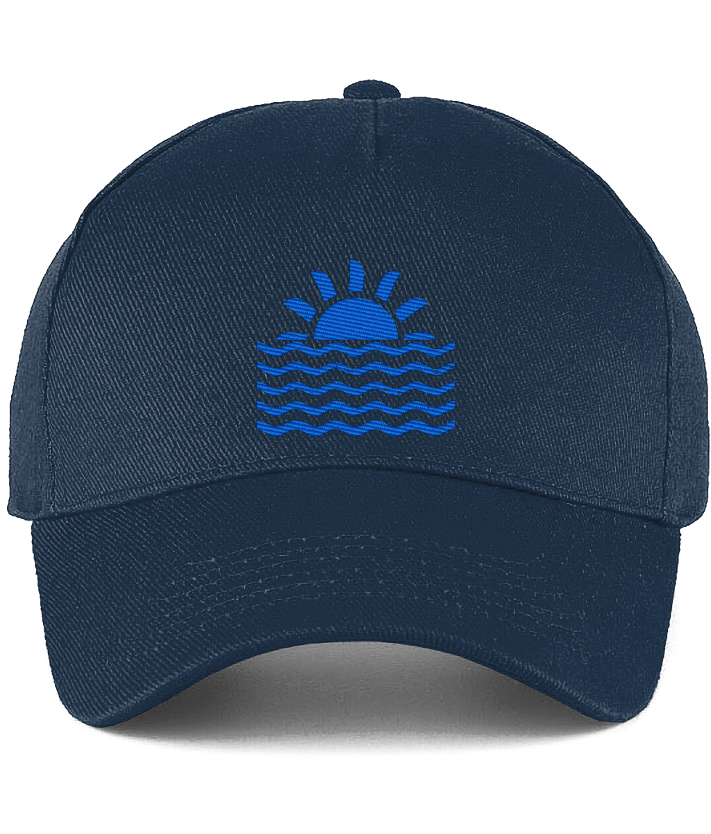 Navy blue cotton curved-peak cap with a blue wave and sun embroidered design 