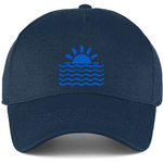 Navy blue cotton curved-peak cap with a blue wave and sun embroidered design 