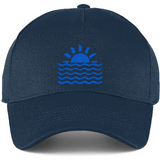 Navy blue cotton curved-peak cap with a blue wave and sun embroidered design 