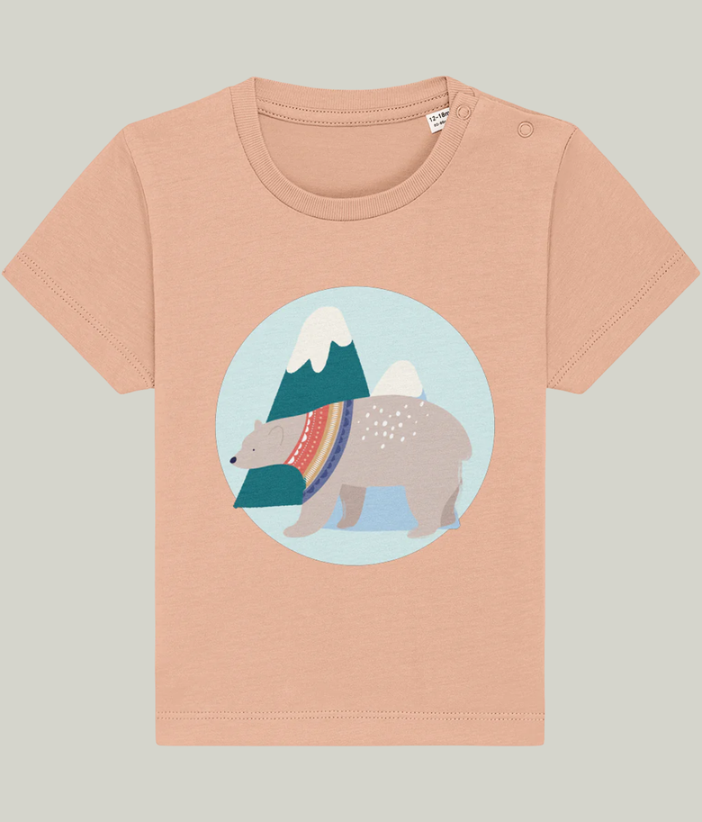 Peach organic cotton baby and toddler t-shirt with mountain bear