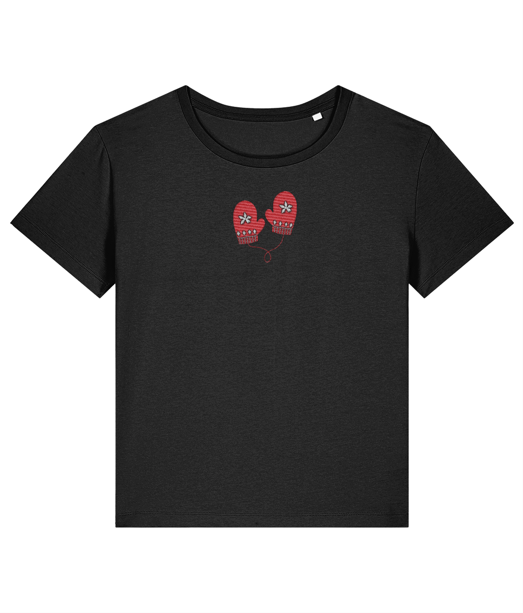 See-Soo Women's Eira Embroidered Organic Cotton Black T-shirt, Black with red mittens