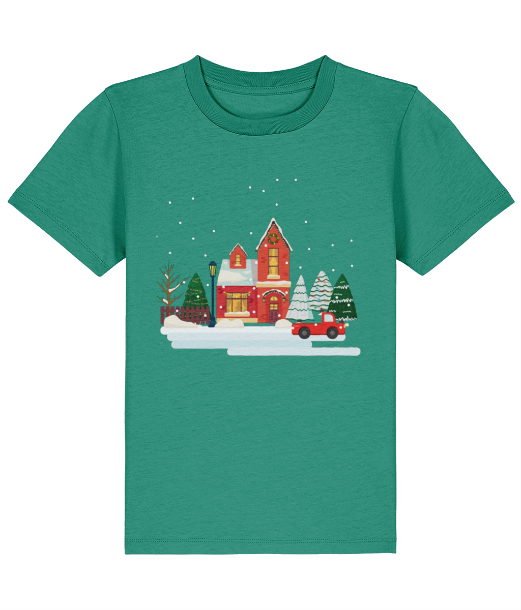 Green Organic cotton kids crew neck t-shirt with winter print