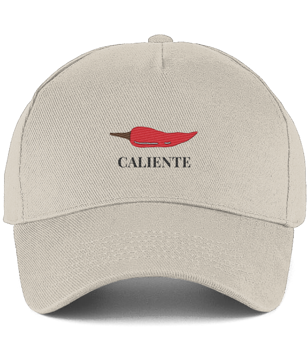 Beige cap cotton with red chili pepper and 'Caliente' text 