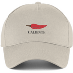 Beige cap cotton with red chili pepper and 'Caliente' text 
